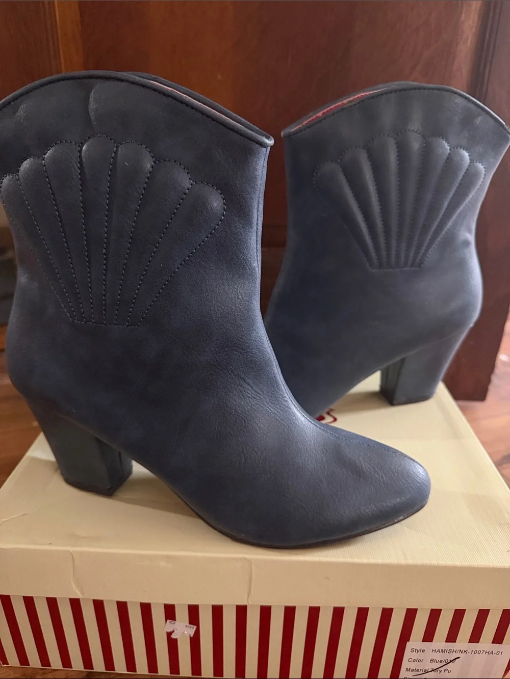 Navy Leather Ankle Booties with Scallop Stitch Accent